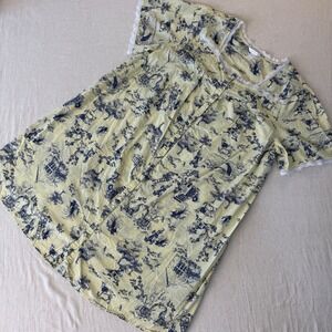 Adonna Sleepwear Women XXL Yellow Blue  Cotton Lace Trim Nightgown Button Up